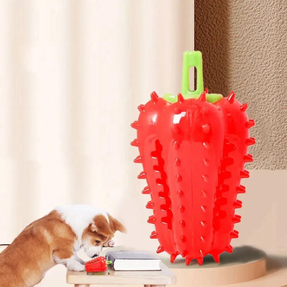 Interactive dog teething chili chewers toy in green, red, and yellow; non-toxic TPR rubber, 10x5.2cm
