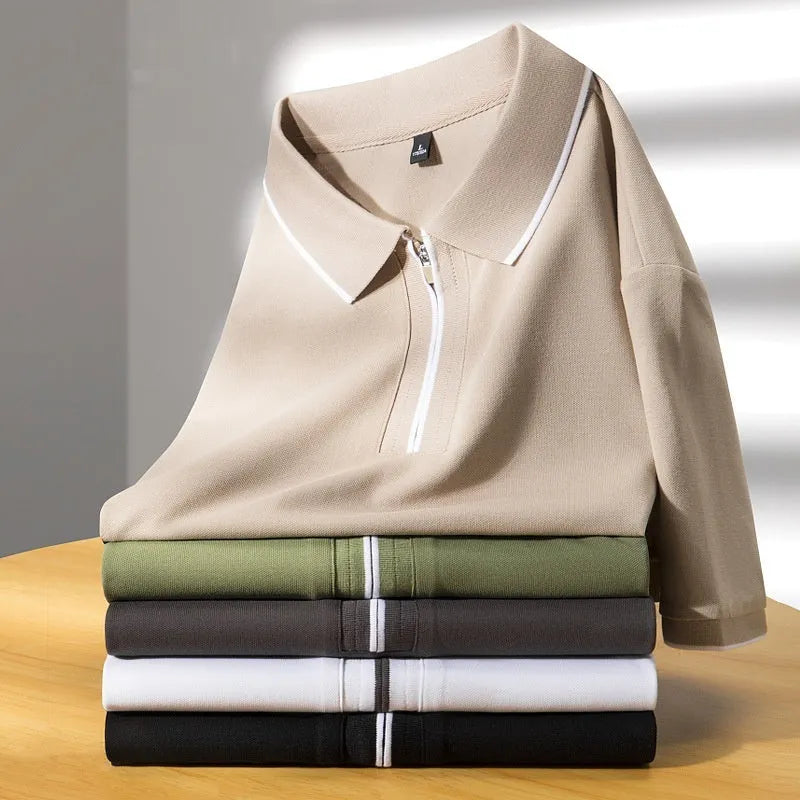 Men's slim fit lapel short sleeve shirt in cotton blend fabric on a hanger