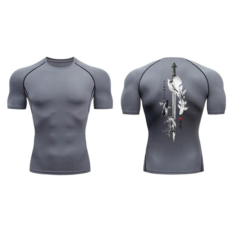 Men's short sleeve compression shirt with sword print design in multiple colour options