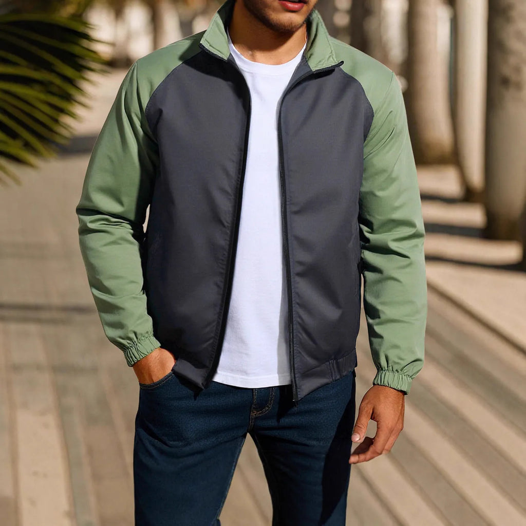 Men's loose fit casual jacket with stand collar and raglan sleeves in green, khaki, or red.