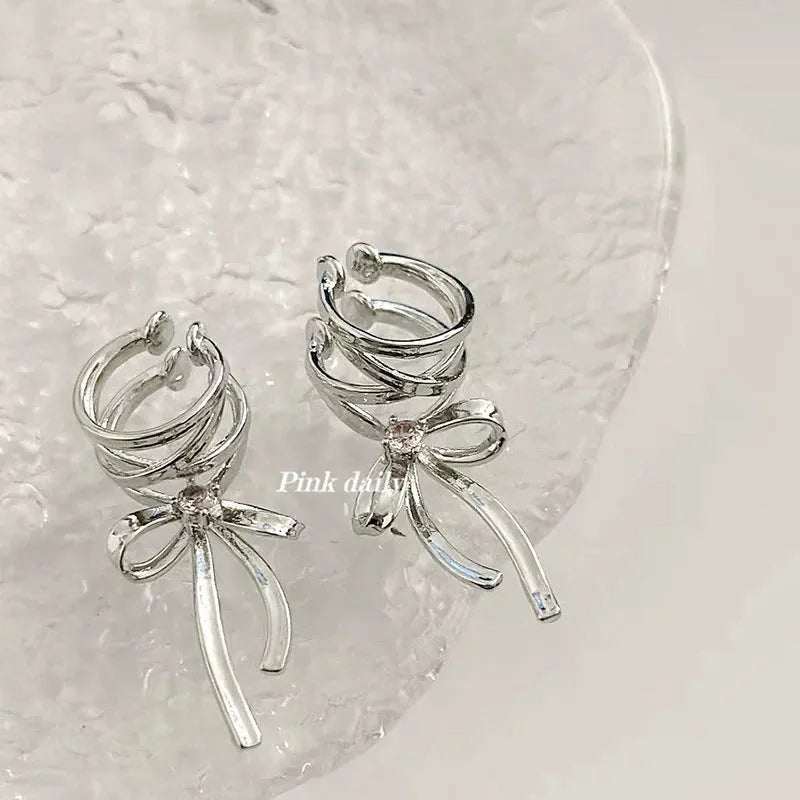 Non-piercing ribbon bow ear clip ballet style alloy electroplated women fashion earrings