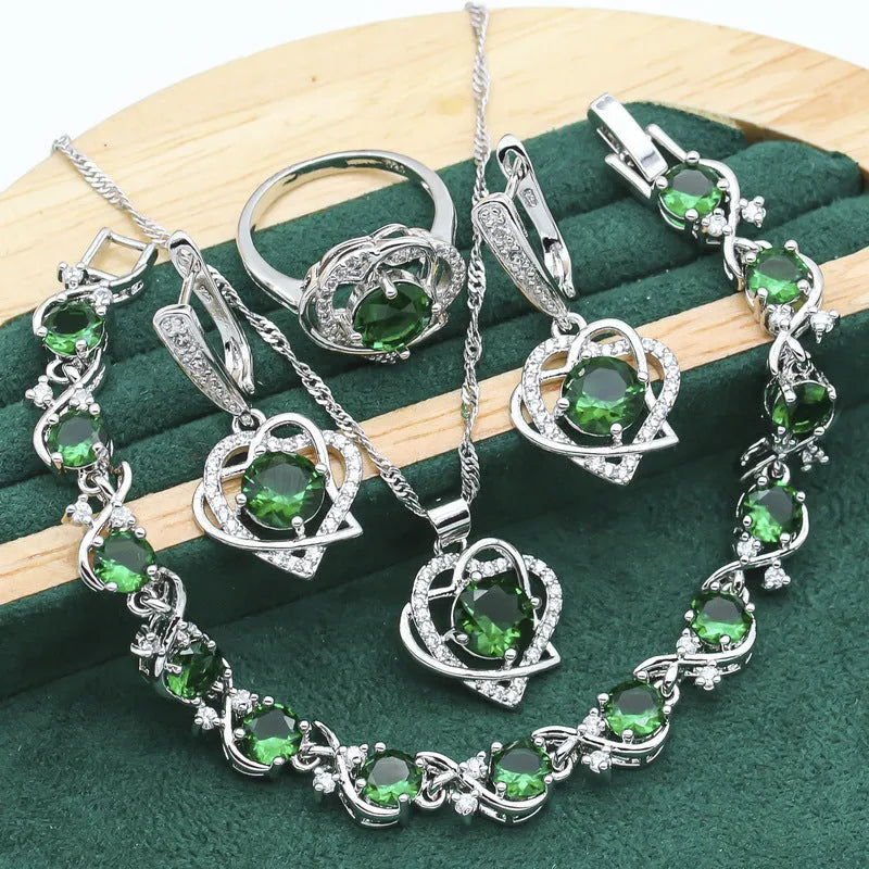 Four-piece copper inlaid zircon jewellery set with necklace, ring, earrings and bracelet in black, green or picture colour