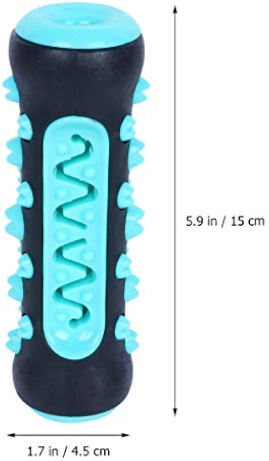 Natural rubber dog dental chew toy with cleaning nubs in blue, green, yellow, and black blue.