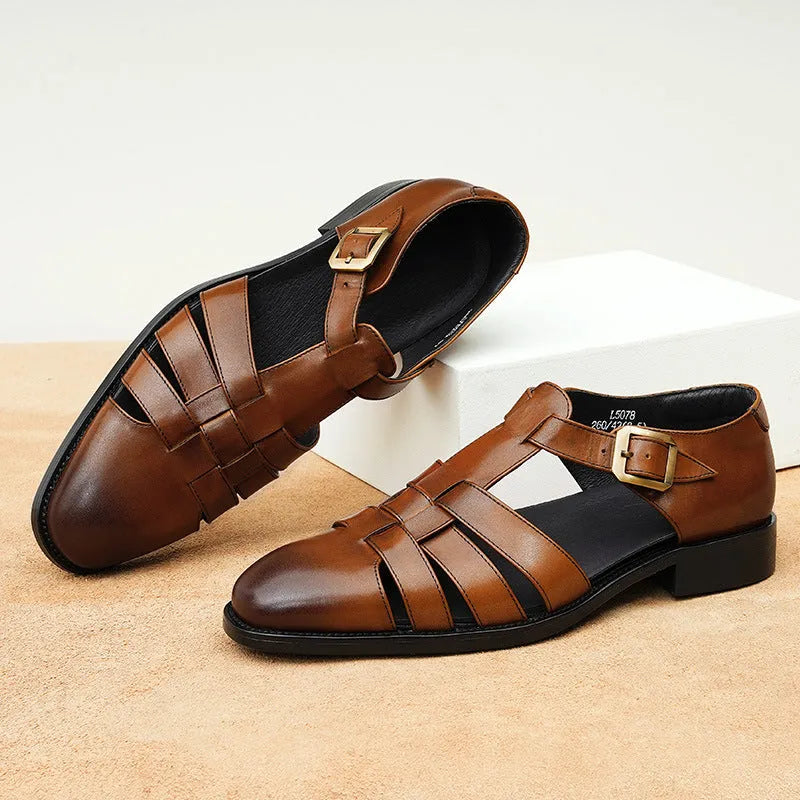 Men's black genuine leather sandals with pigskin lining and rubber sole