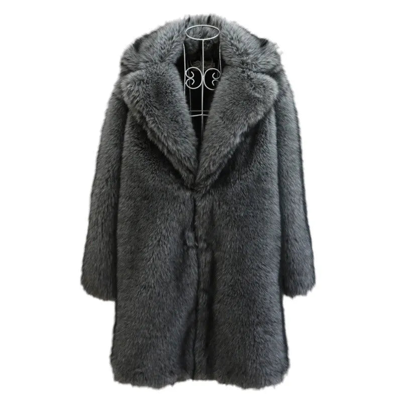 Men's long-cut faux fox fur coat in dark gray, 80cm length, side seam pockets, loose street fashion style