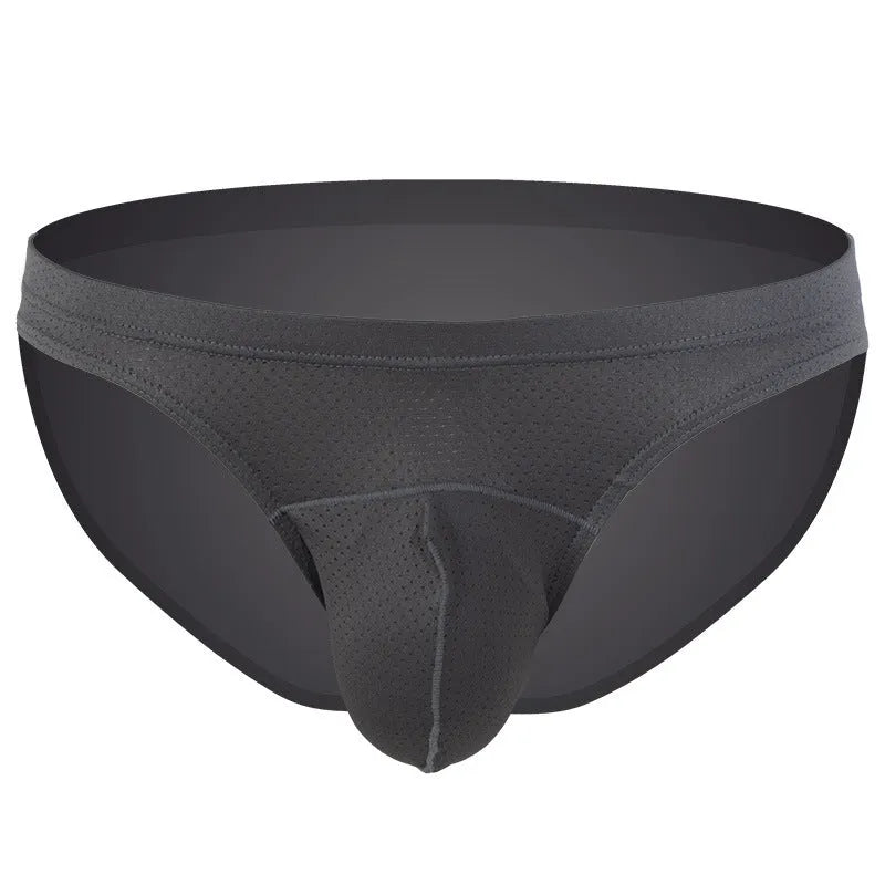 Men's transparent nylon loose fit underwear in multiple colours on a size chart.