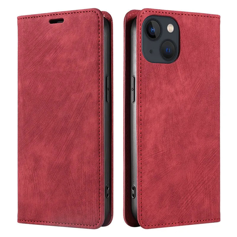 Magnetic flip leather phone case for iPhone in various solid colours, showing front and closed views.