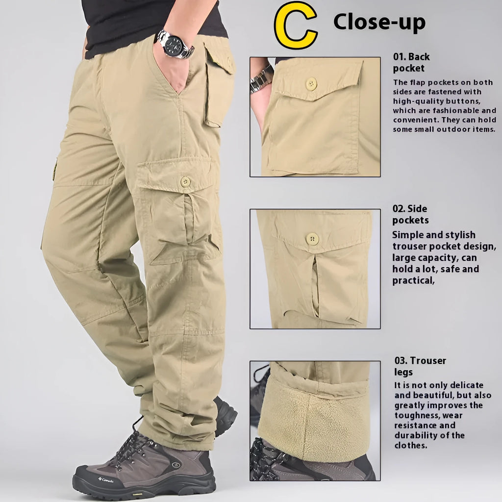 Men's thick cotton overalls with wool lining in khaki colour, showing loose fit and straight leg design.