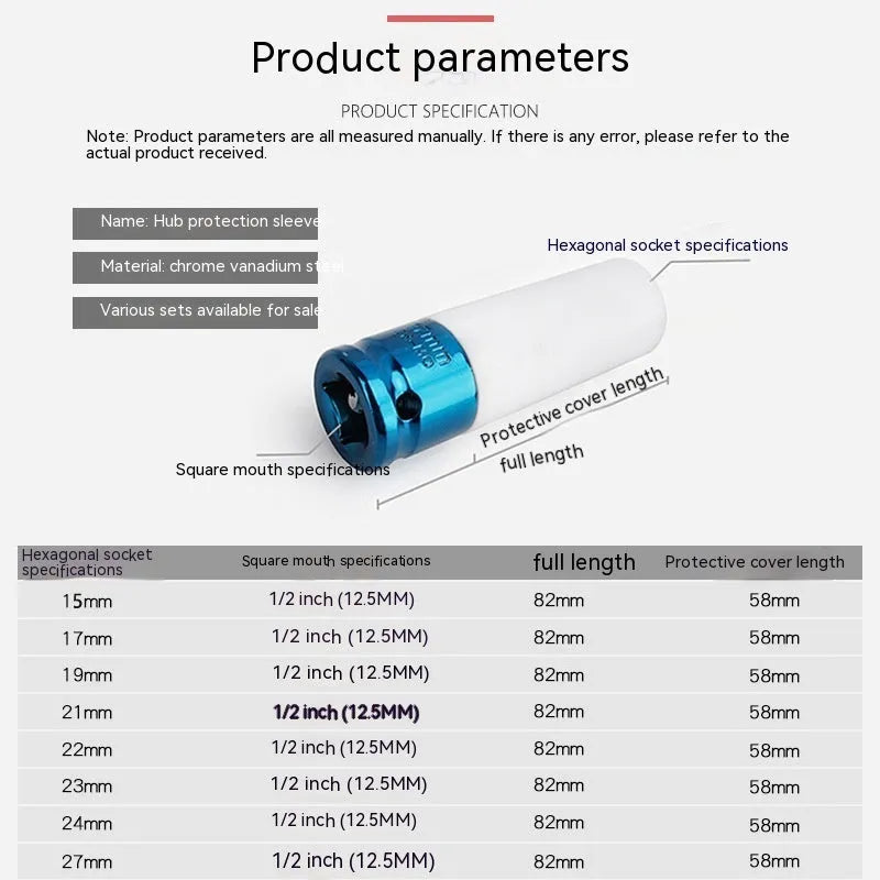 45# steel pneumatic wrench hexagon socket in 17mm, 19mm, 21mm or 22mm size.