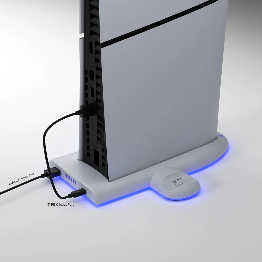 White PS5 Slim multi-function charging base with cooler pad, RGB lights, and charging belt.