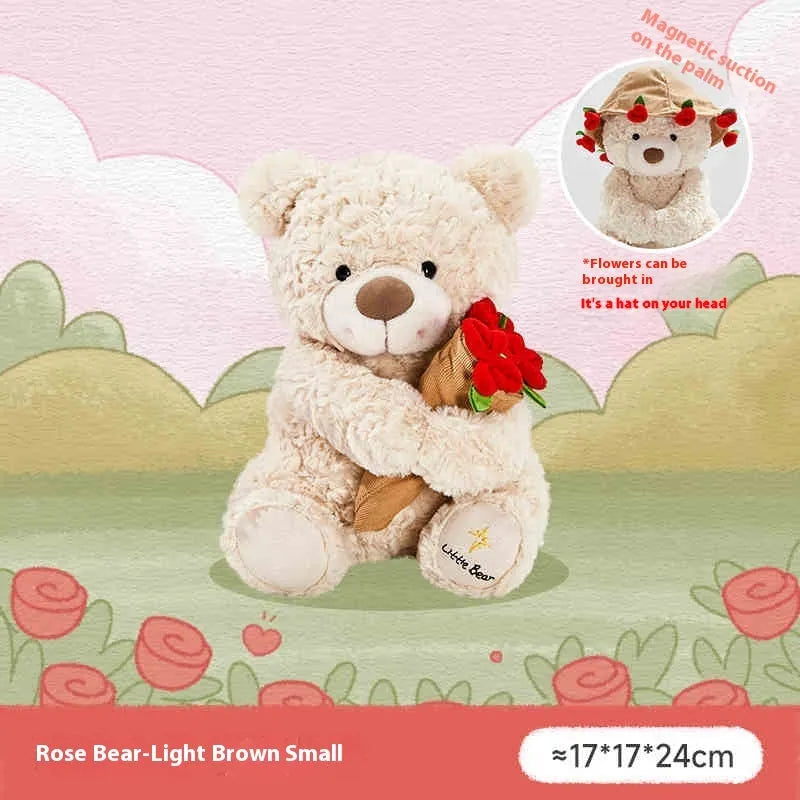 Rose bouquet bear doll plush toy in dark brown or light brown, small or large size, with one plush toy per pack