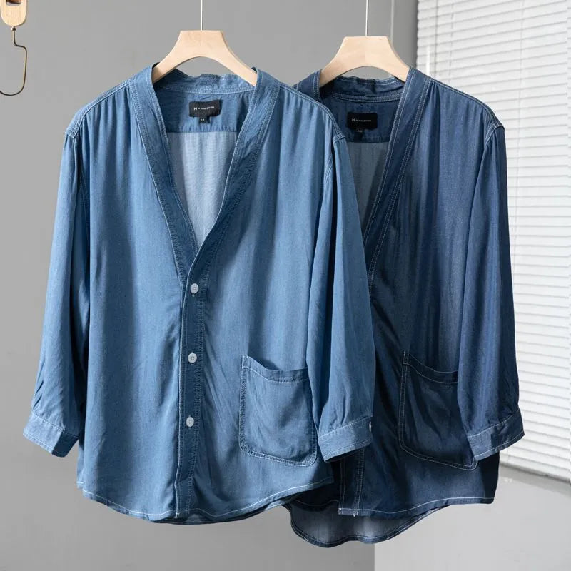 Men's dark blue casual coat with three-quarter sleeves and V-neck collar