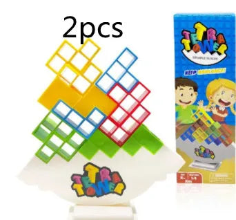 Balance stacking board game with 16 colourful plastic blocks on chassis