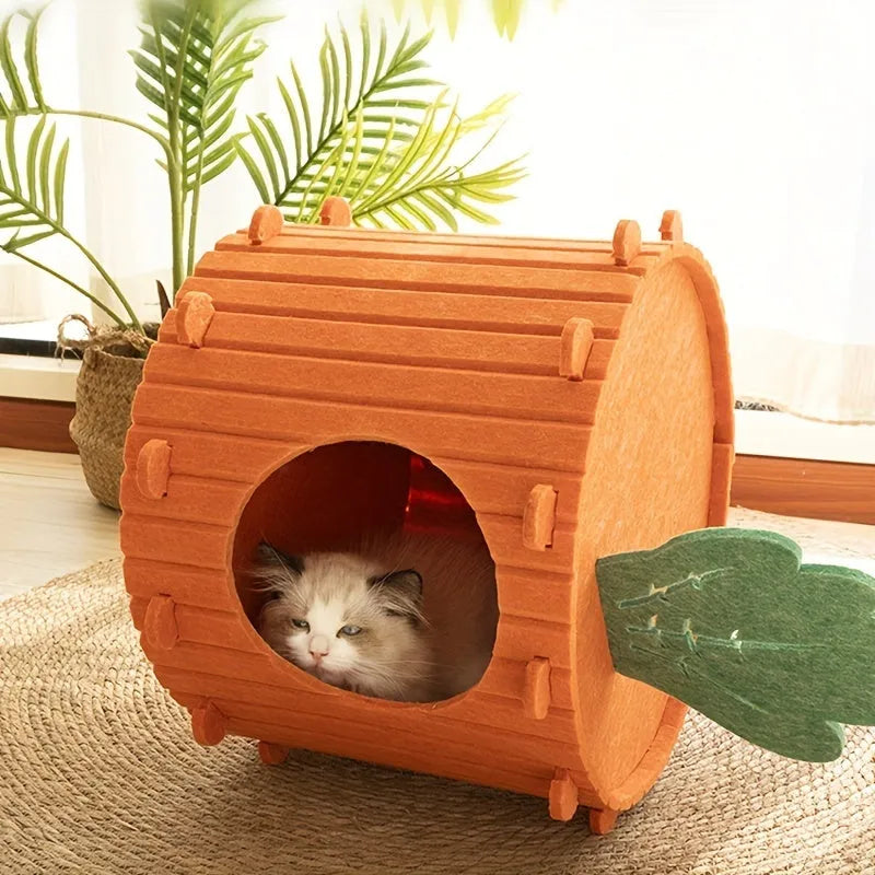 Grey felt semi-enclosed cat tunnel and nest bed for indoor cats, shown in medium and large sizes.