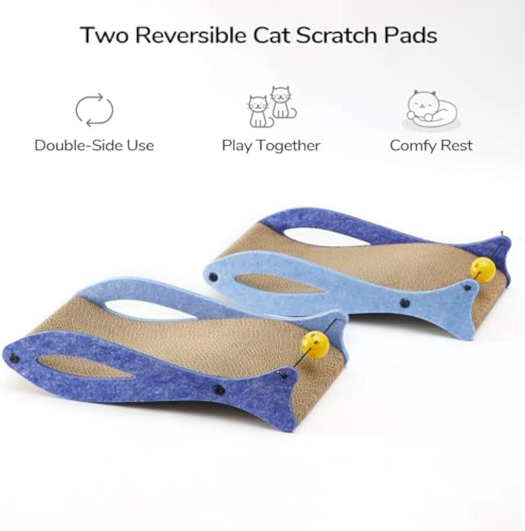 Blue fish-shaped cat scratcher pad with ball toy on elastic cord, wavy cardboard design for scratching and lounging