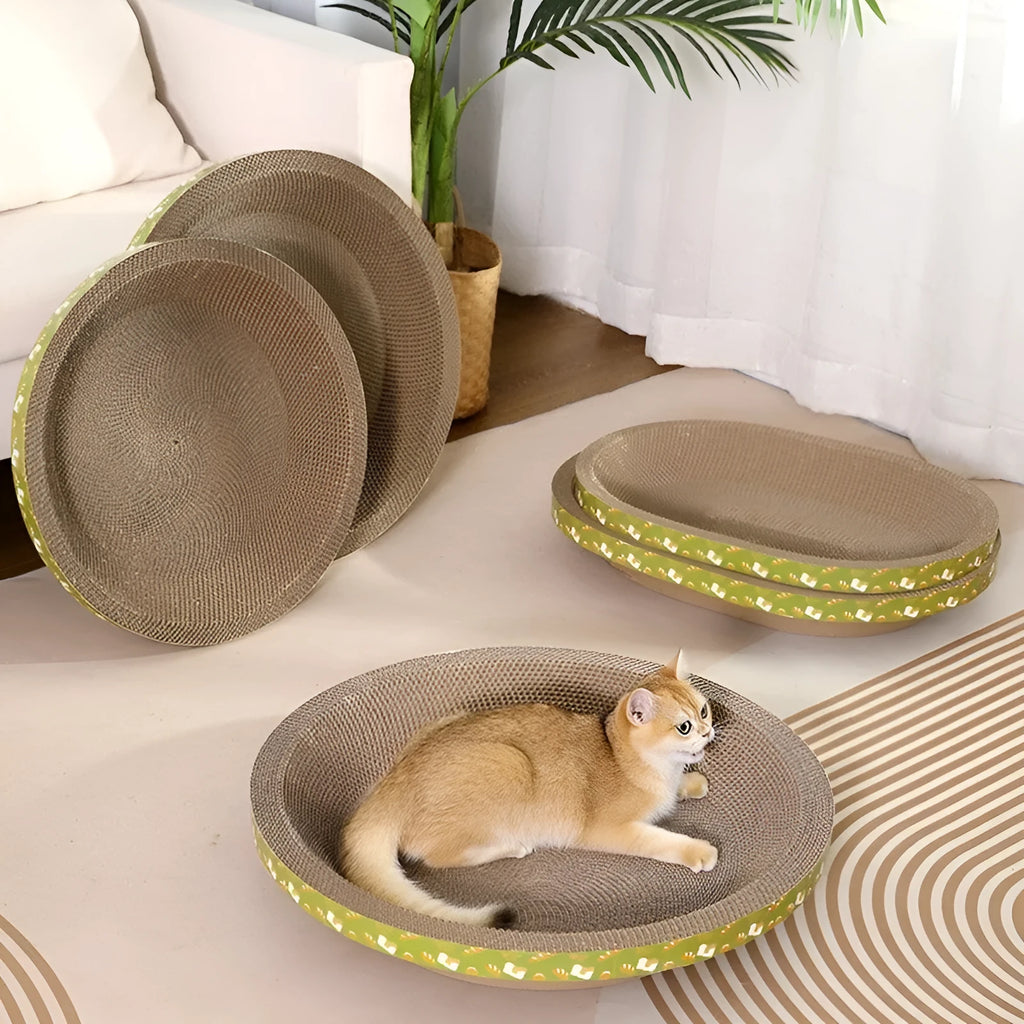 Cat scratch board and nest made from corrugated paper in simple style, round and oval sizes, with catnip sachet