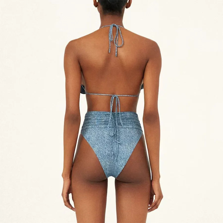 Women's one-shoulder hollow design flower decorative nylon swimsuit in soft cowboy style