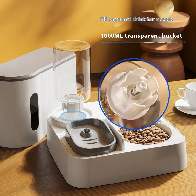 Grey automatic cat feeder with integrated water dispenser and stainless steel bowl