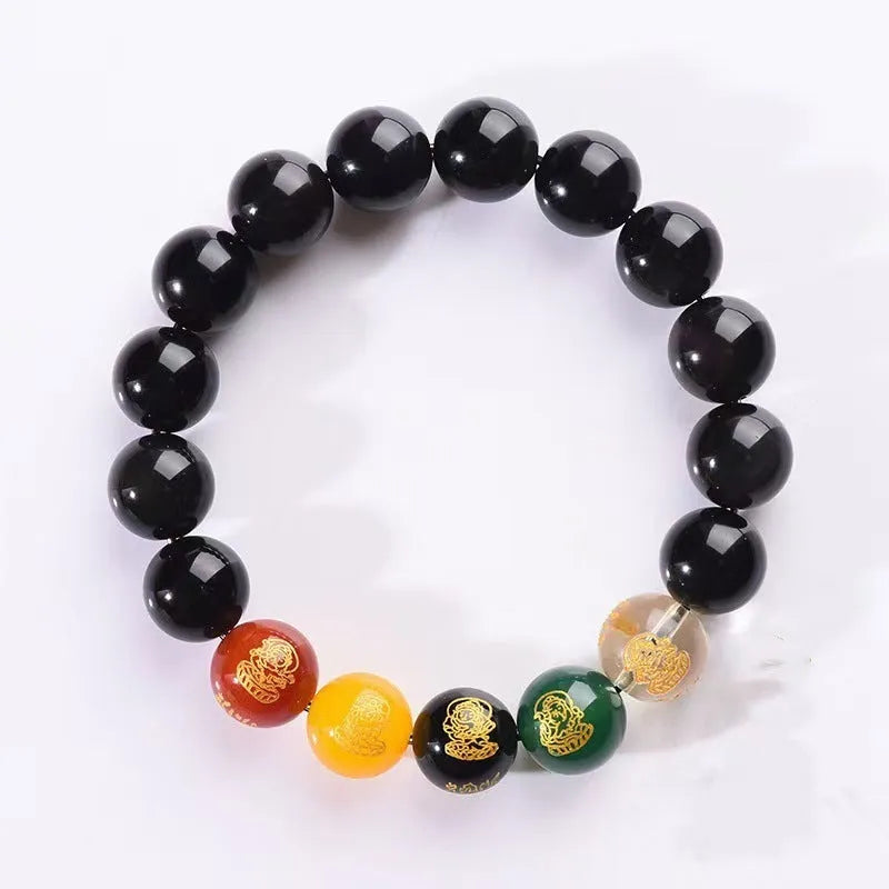 Rainbow eye obsidian and gold obsidian crystal bracelet with zodiac motifs in new Chinese style