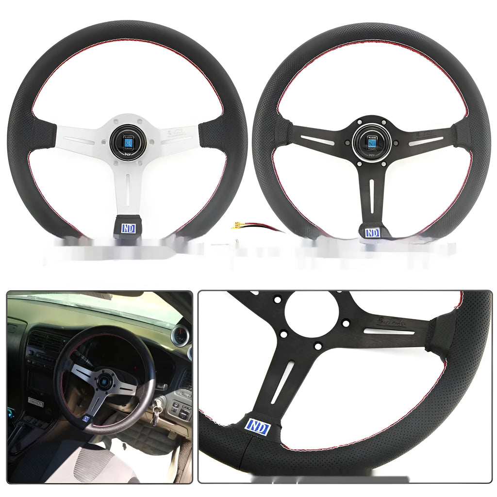 14-inch leather steering wheel with middle concave design shown with black skeleton frame