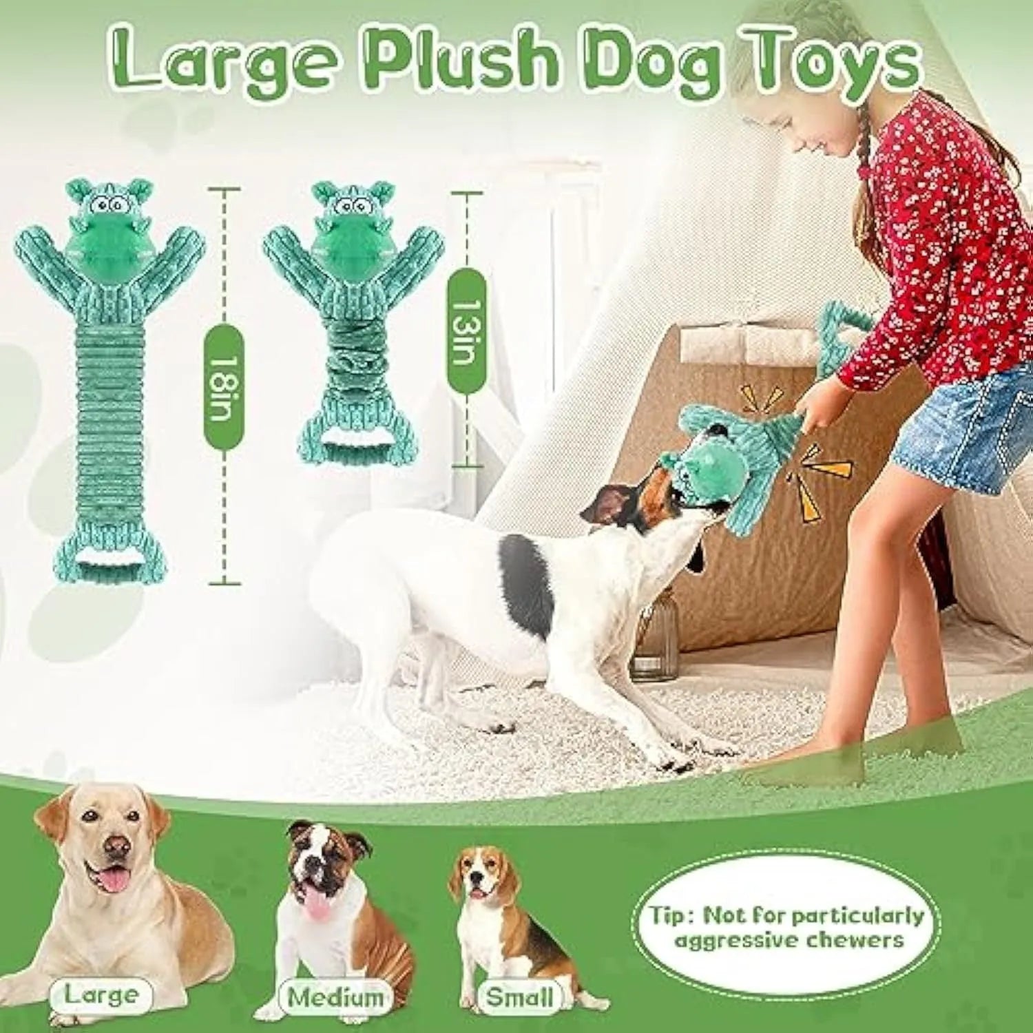 Large plush dog toy with tug handle in hippo or monkey design for interactive play