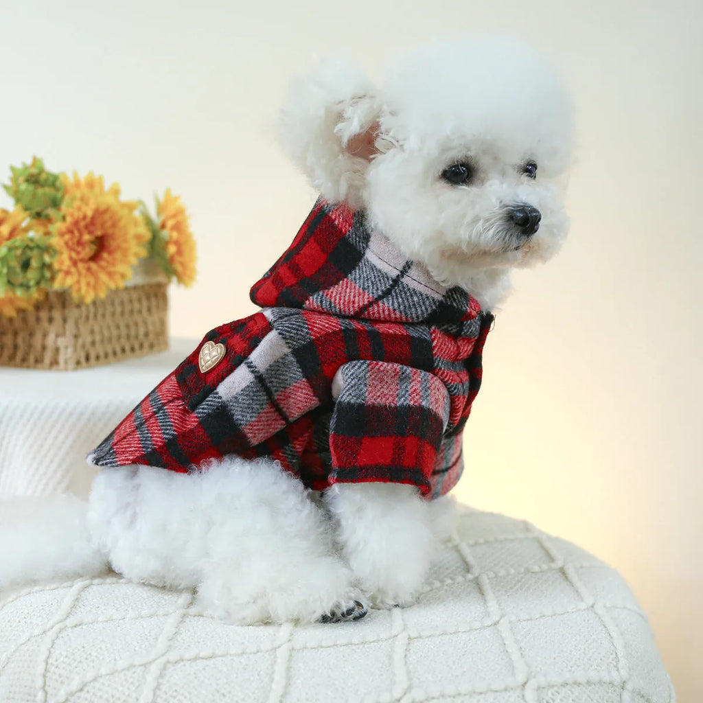 Red plaid dog trench coat shown alongside black houndstooth version, displaying five size options for pet clothing