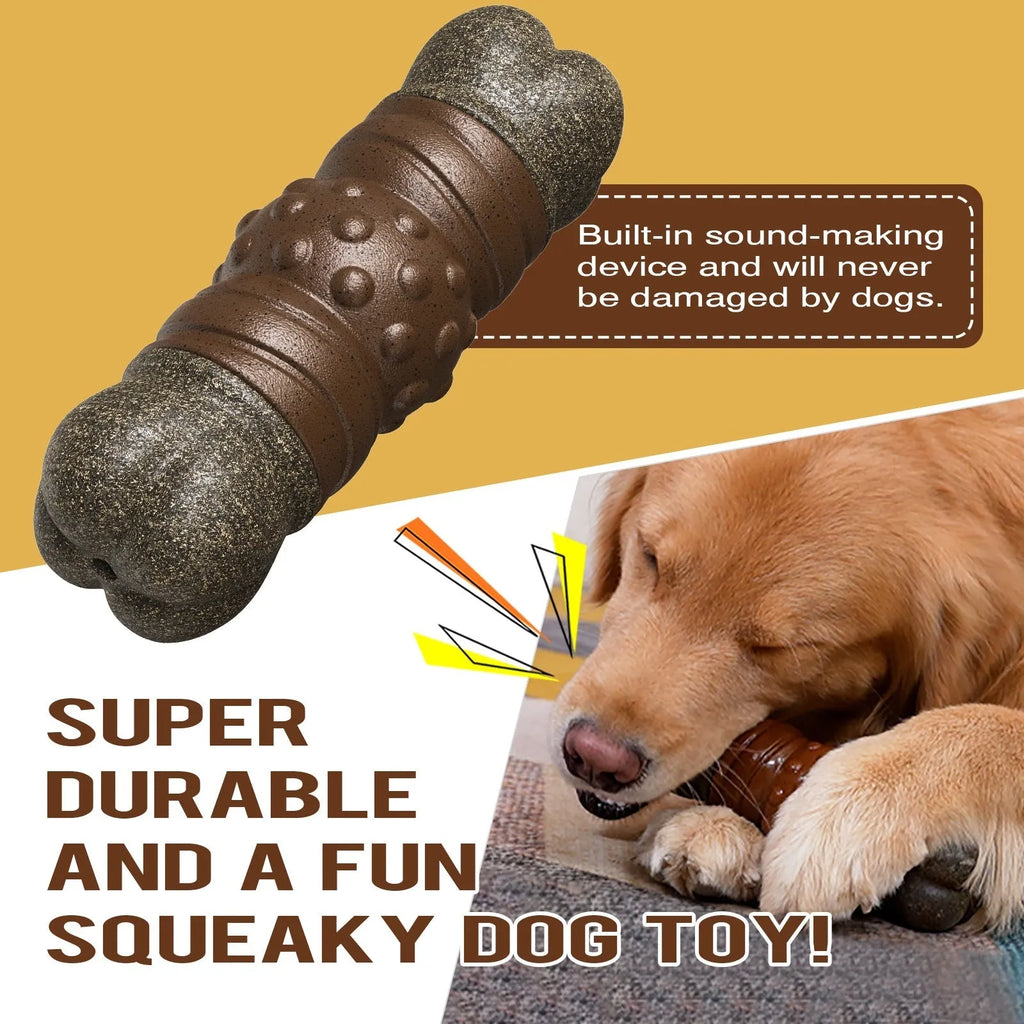 Wood coloured plastic sounding bone dog toothbrush toy with molar rod design.