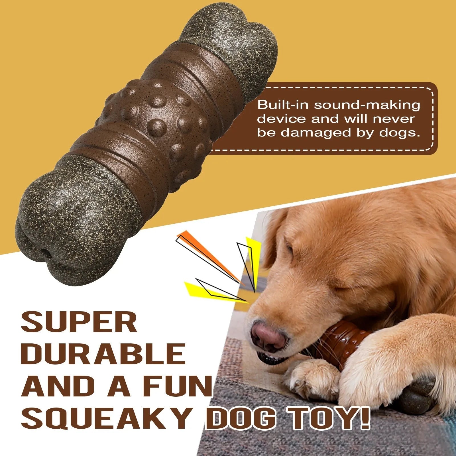 Wood coloured plastic sounding bone dog toothbrush toy with molar rod design.