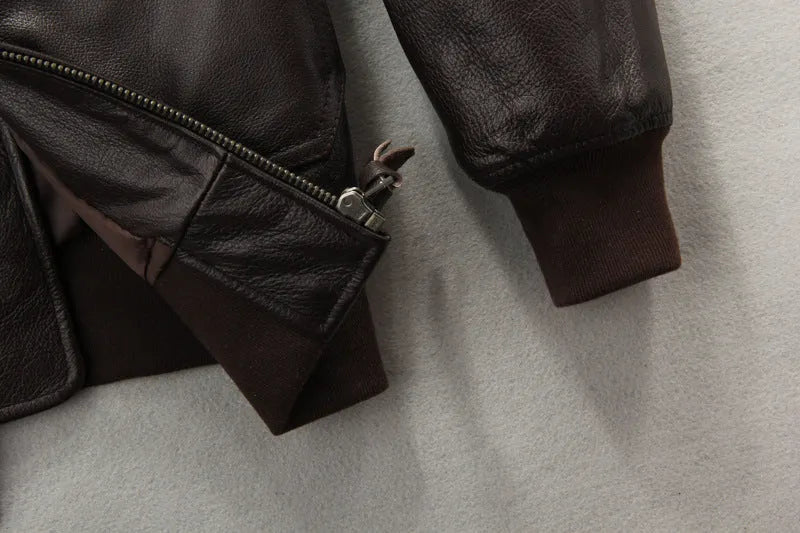 Men's embroidered cowhide leather motorcycle jacket, short zip front, brown or black, sizes S to XXXL