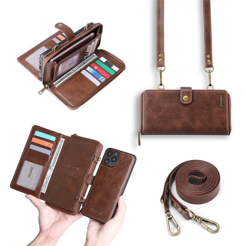 Detachable wallet backpack phone case with leather flip closure in black, blue, brown, or red colours