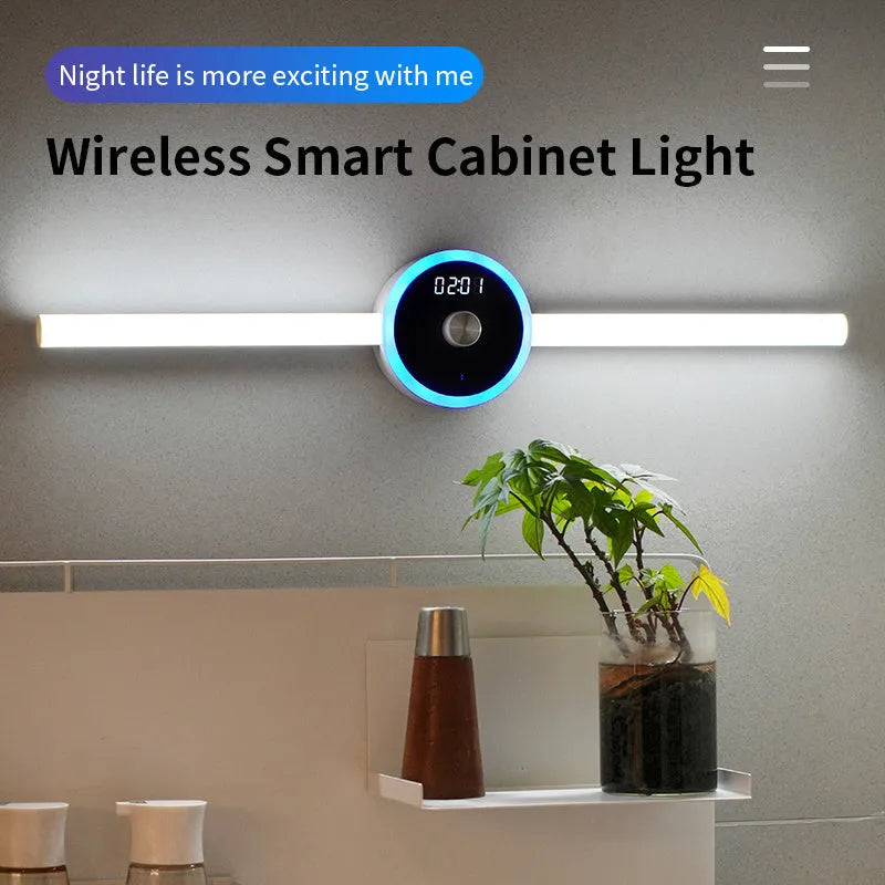 Smart cabinet light with clock and timing sensor, featuring removable LED tube and 4000mAh battery for wardrobe use