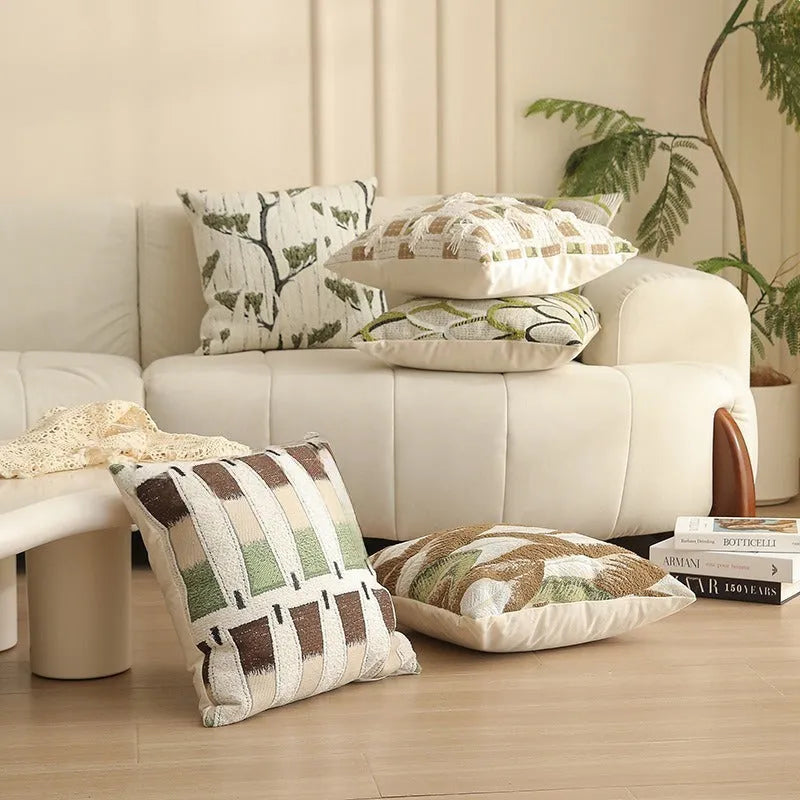 45cm square jacquard floral cushion cover in a Nordic-style pattern on a sofa.