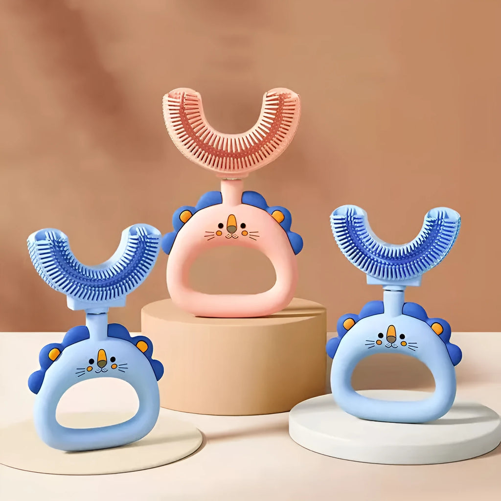Children's U-shaped silicone toothbrush in blue for ages 2-6 with cute lion design