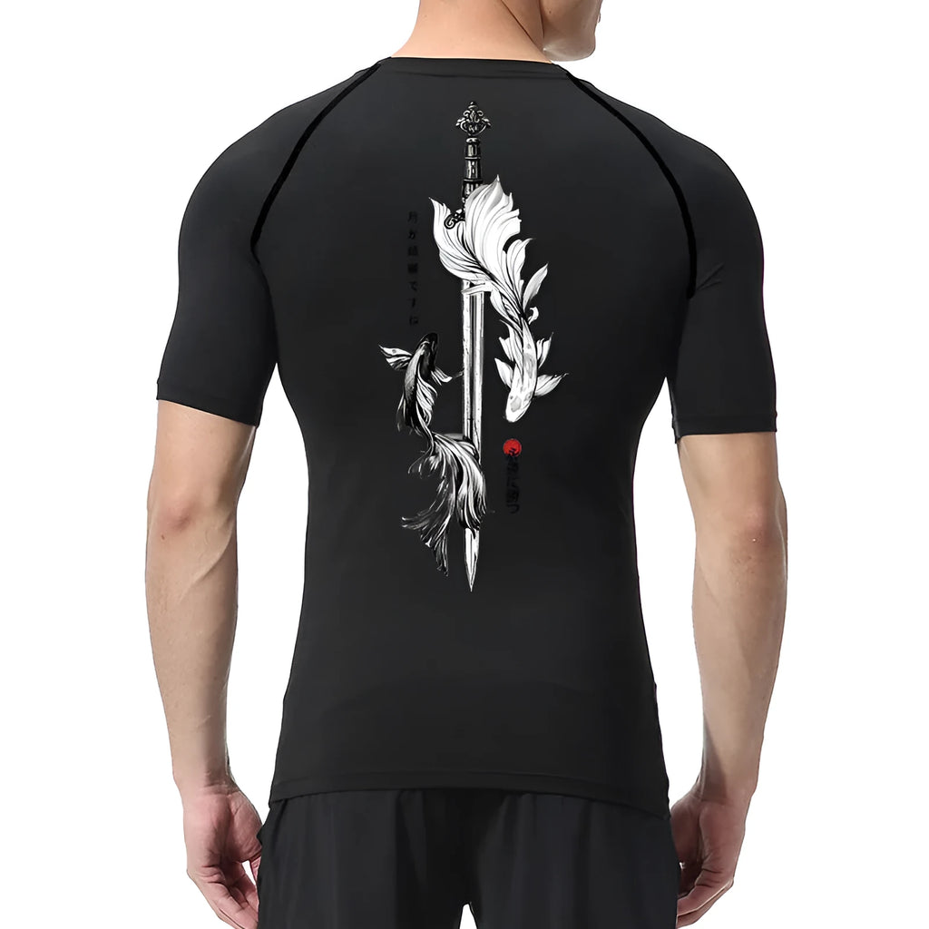 Men's short sleeve compression shirt with sword print design in multiple colour options