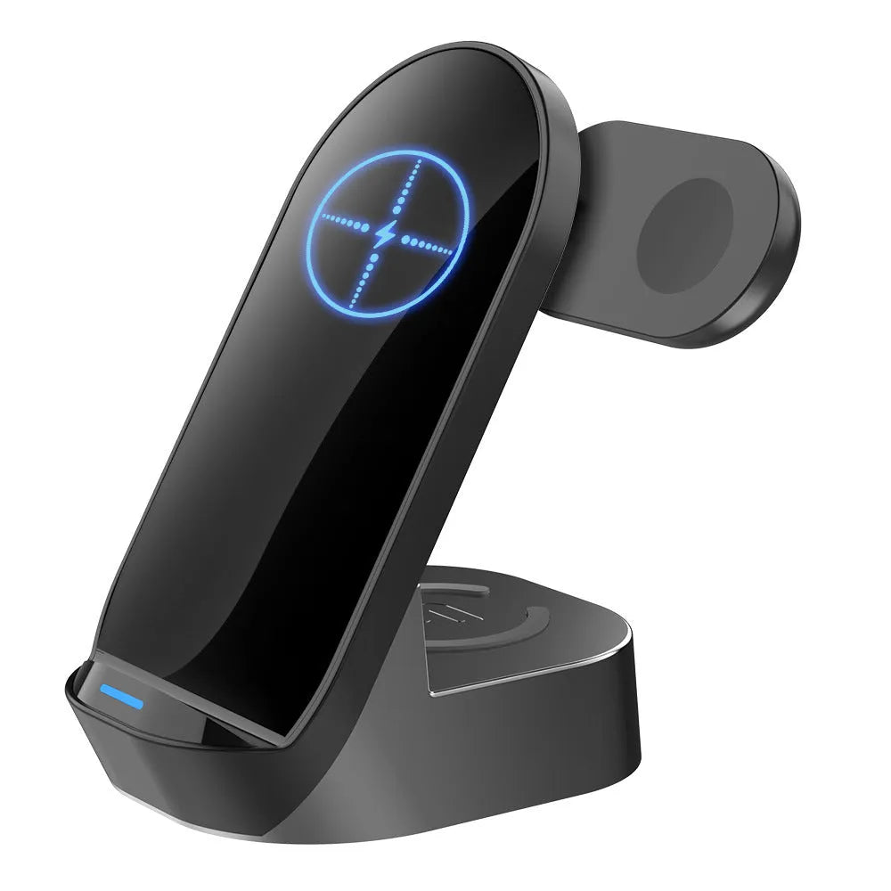 Black grey foldable 3-in-1 wireless charging stand showing phone upright, watch on dock, and headphones case charging.