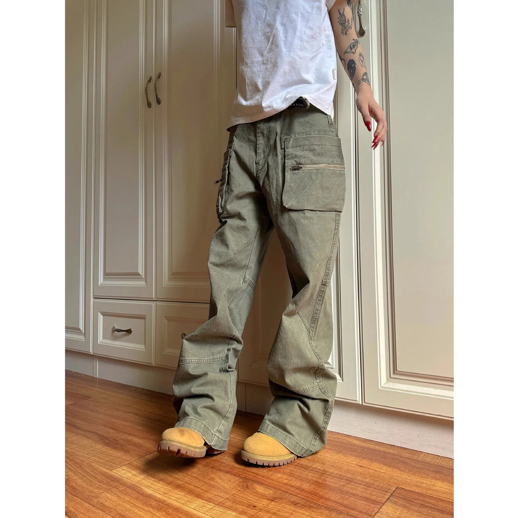 Green and black double zipper cotton casual pants with pockets in mid-waist workwear style