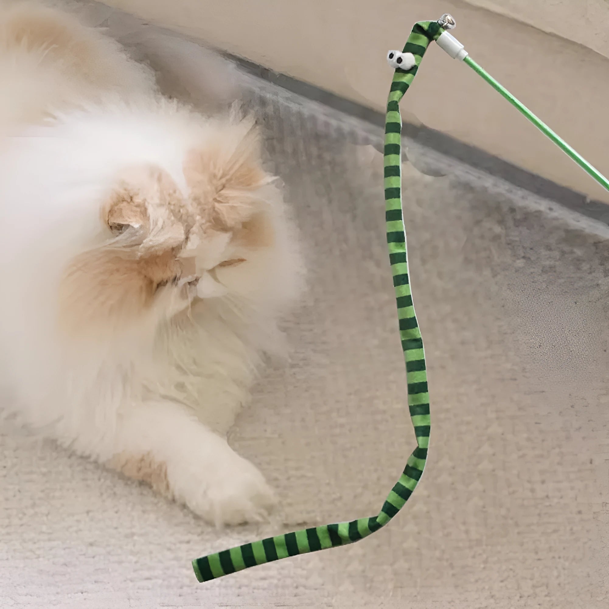 Cat wand toy with polycarbonate pole and long plush strip in vibrant colours