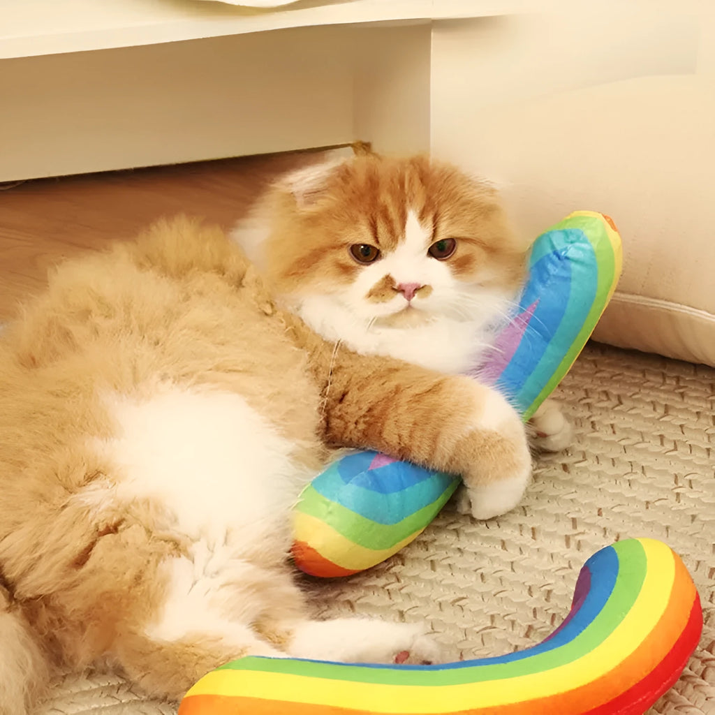 Cat toy set with flannel catnip throw pillow and teasing stick in dark and light colours