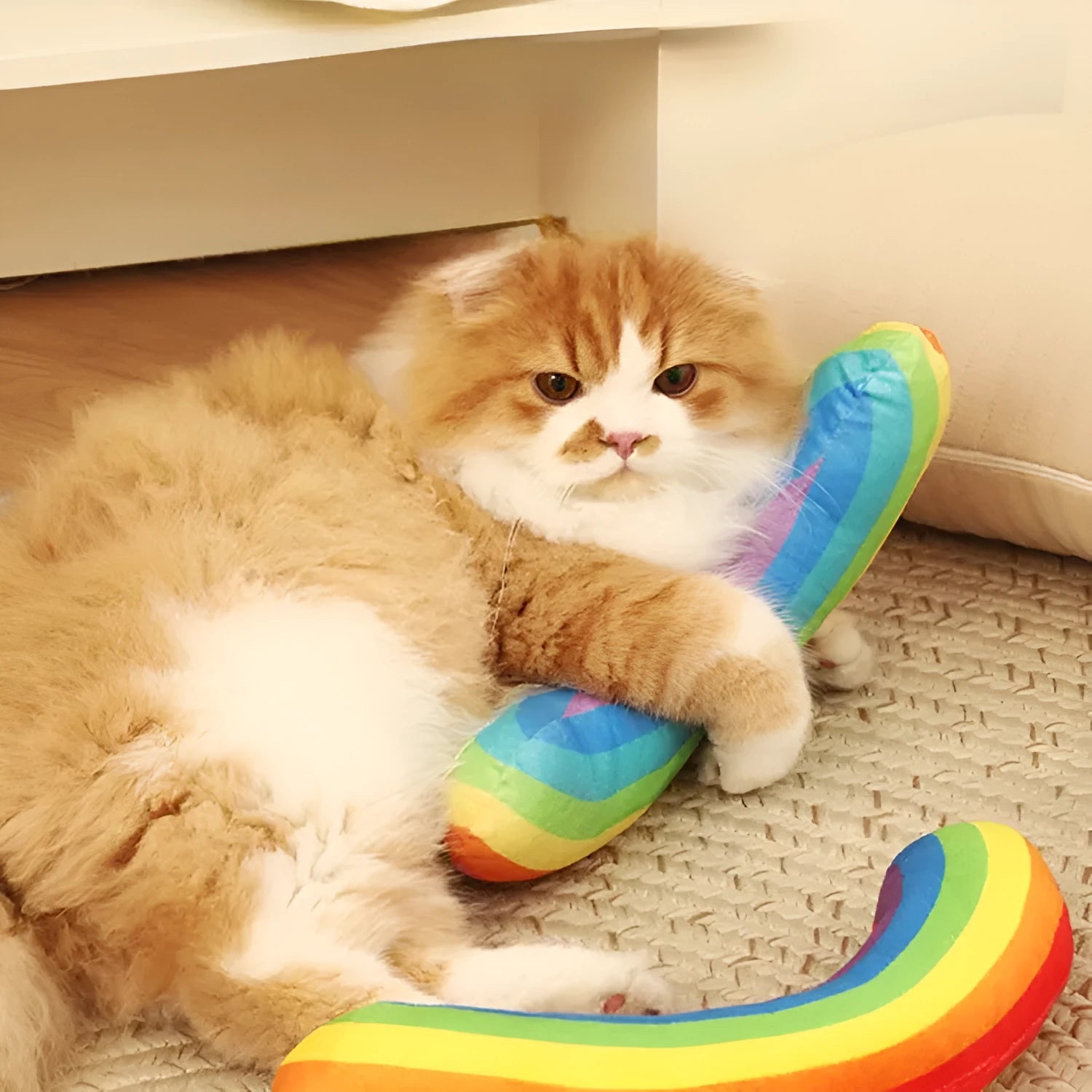 Cat toy set with flannel catnip throw pillow and teasing stick in dark and light colours