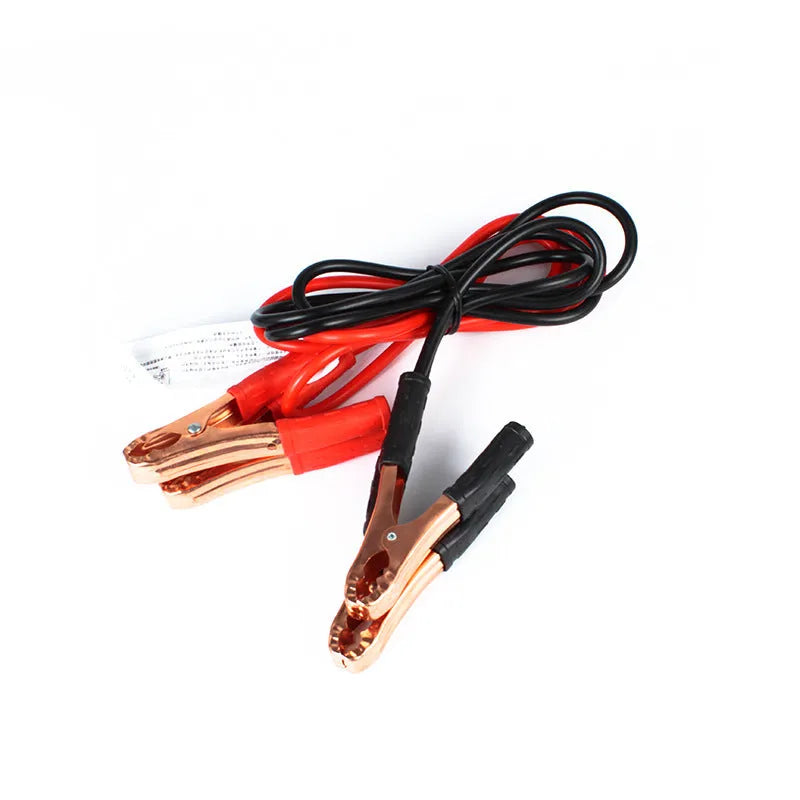 Black and red car battery jump starter cables with battery clips on 2 metre cables