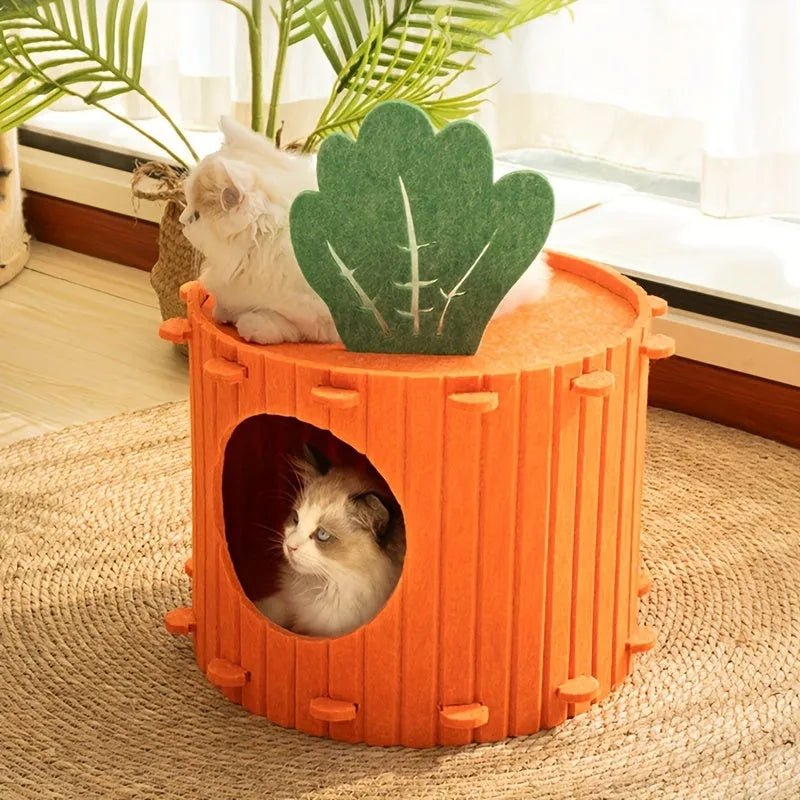 Grey felt semi-enclosed cat tunnel and nest bed for indoor cats, shown in medium and large sizes.