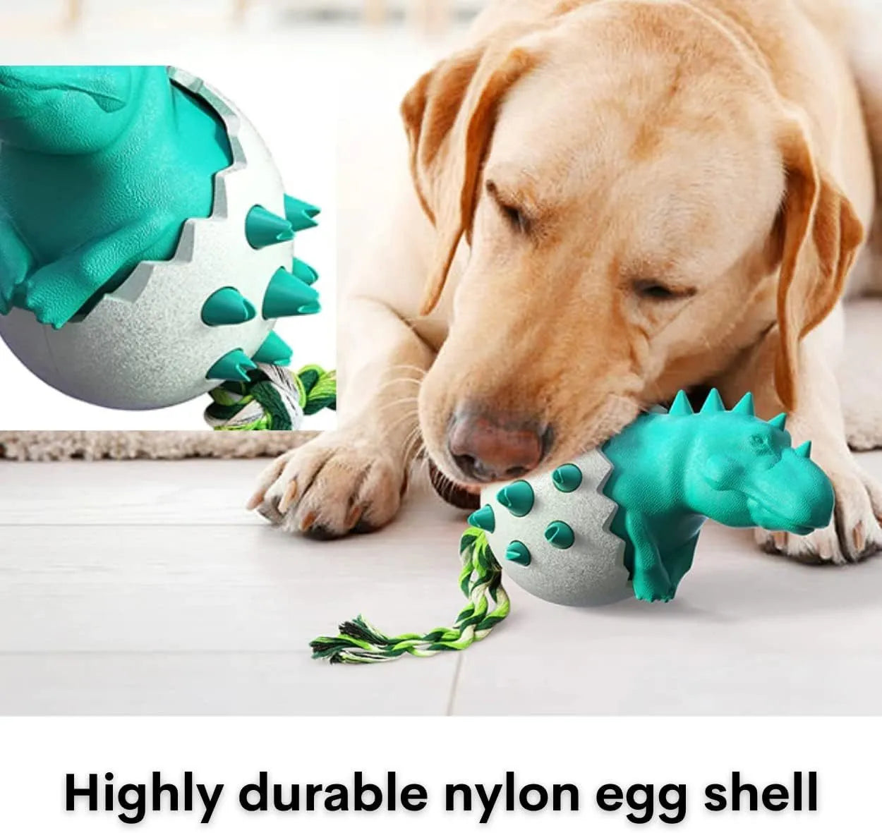 Blue dinosaur-shaped dog chew toy with textured rubber body and green nylon rope tails.
