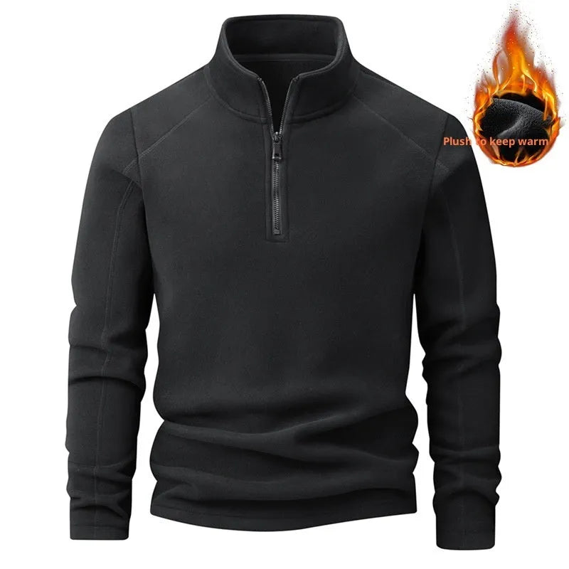 Men's stand collar half-zip long sleeve fleece sweatshirt in dark gray, loose fit, front view