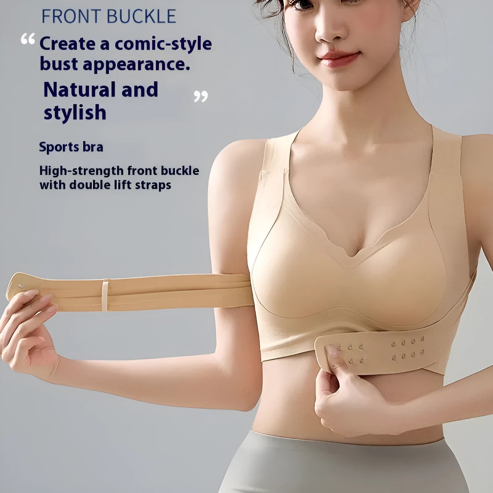 Women's sports bra with front buckle closure and back shaping design for yoga and exercise.