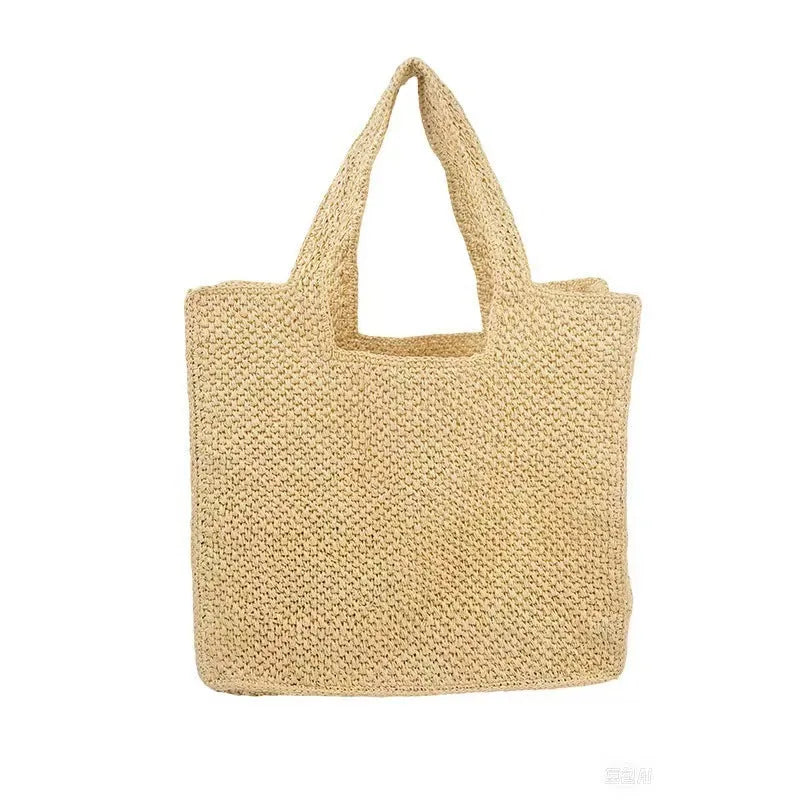 Natural straw woven bucket tote bag with double straps and zipper compartment