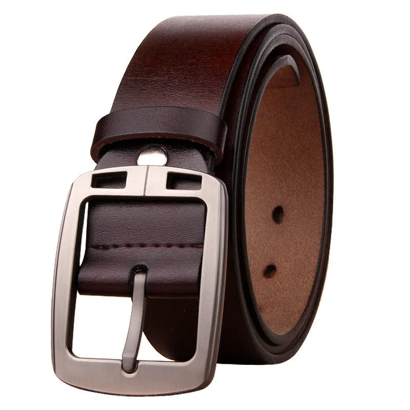 Genuine leather retro men's belt with alloy pin buckle, available in black, coffee, and yellow brown