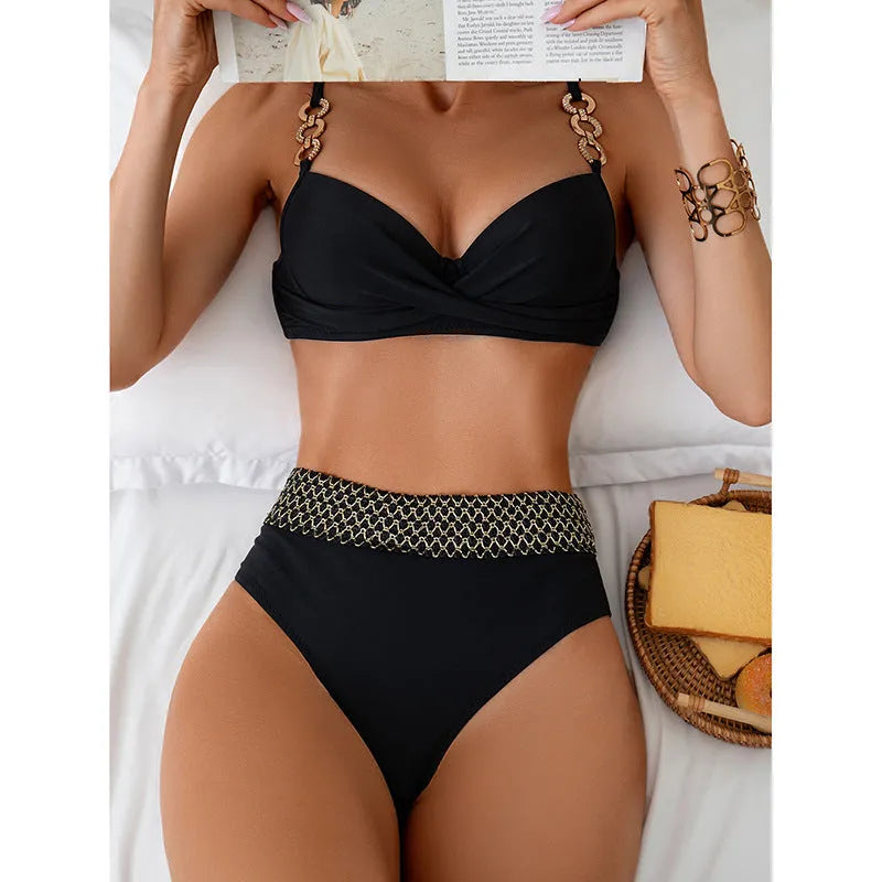 Black two-piece bikini swimsuit with split briefs style and sleeveless top
