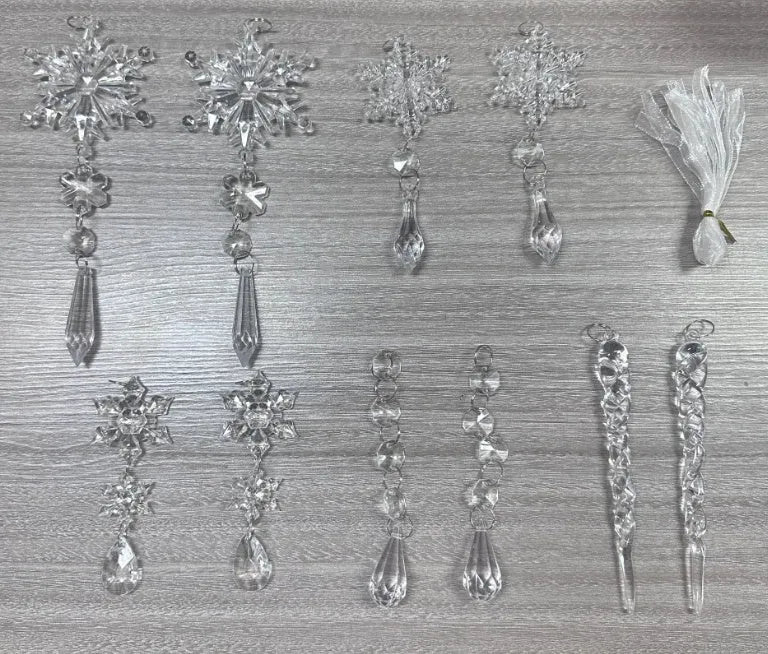 10 clear acrylic icicle and snowflake Christmas tree ornaments with white ribbons