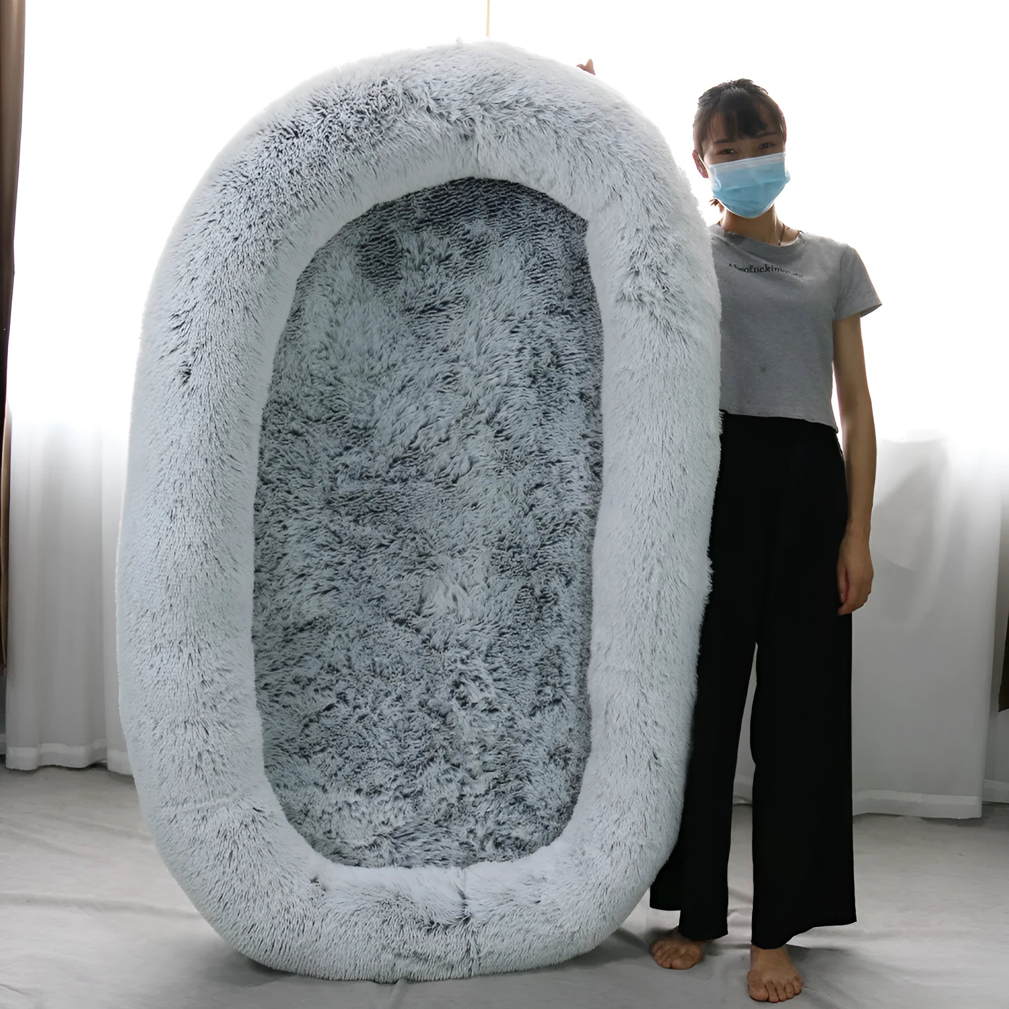 Plush round grey dog pad 160x90x30cm sponge filling winter warm pet nest