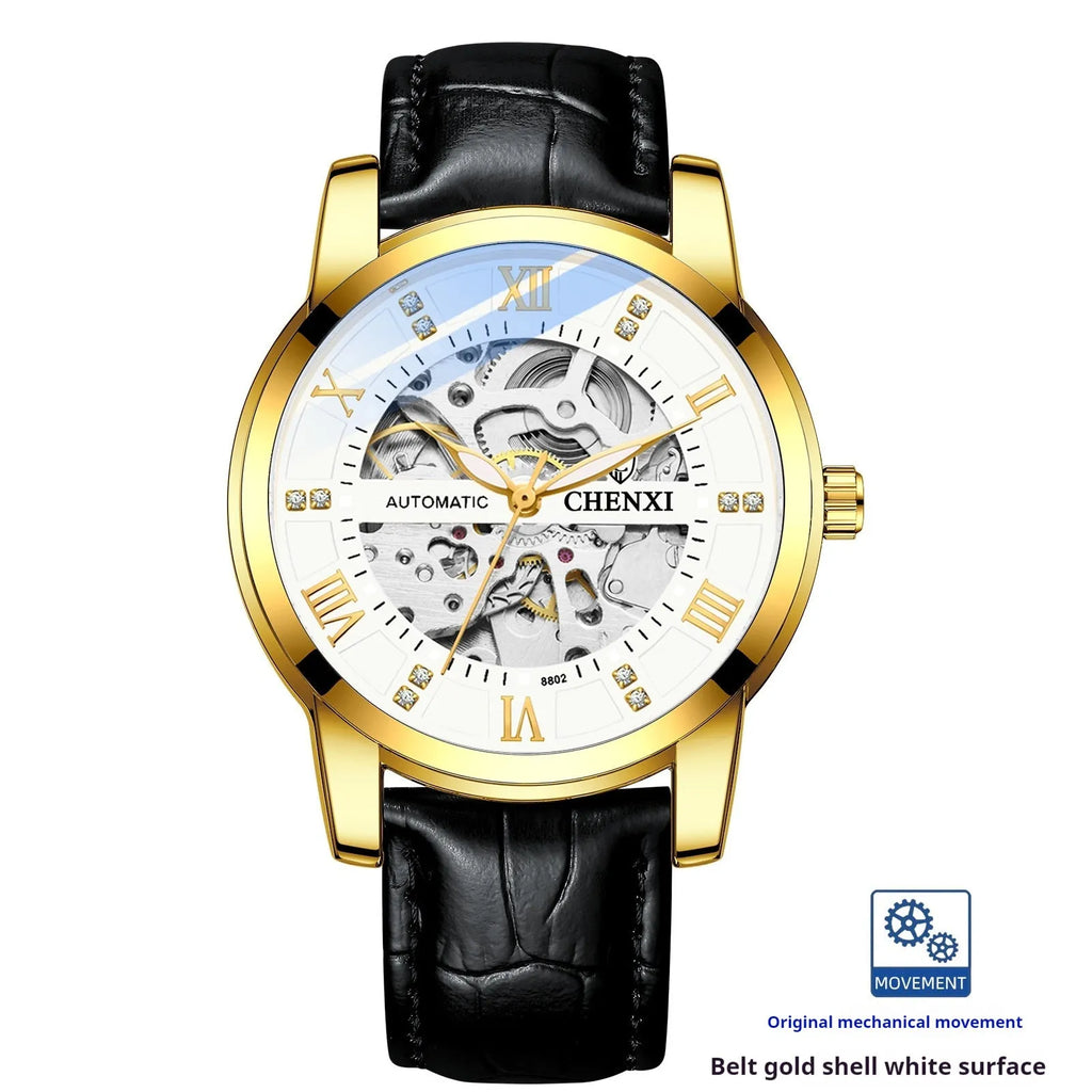 Hollow automatic mechanical watch for men with belt strap and metal shell, black surface, 13mm thickness